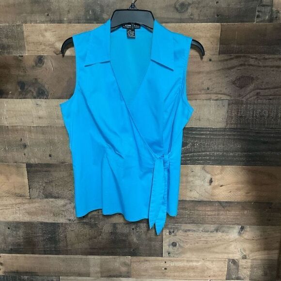 Elementz Top Wrap V Neck Surplice Front Teal Blue Green Button Tie Wrap Medium - Picture 5 of 13